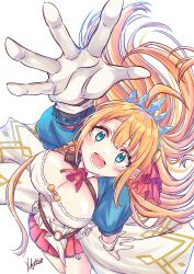 1girl :d arm_up ascot blue_eyes blue_shrug blue_tiara blush breasts buttons cleavage commentary double-breasted eclair_milk foreshortening gloves highres large_breasts long_hair miniskirt open_mouth orange_hair pecorine_(princess_connect!) pleated_skirt princess_connect! puffy_short_sleeves puffy_sleeves red_ascot red_skirt shirt short_sleeves signature simple_background skirt smile solo teeth tiara very_long_hair white_background white_gloves white_shirt