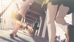 4girls :d blonde_hair blurry bocchi_the_rock! brown_shoes chain-link_fence closed_eyes closed_mouth commentary_request day fence floating_hair gotoh_hitori hari611 highres ijichi_nijika jacket long_hair long_sleeves multiple_girls open_mouth pants pants_under_skirt pantyhose pink_hair pink_jacket pink_pants pleated_skirt ponytail shadow shirt shoes signature skirt smile socks standing vest yamada_ryo