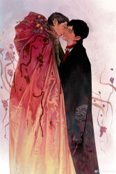 Rule 34 | 2boys, absurdres, achooho, artemy burakh, black coat, black gloves, black hair, blue eyes, brown hair, closed eyes, coat, commentary, daniil dankovsky, flower, gloves, head tilt, highres, holding, holding scalpel, imminent kiss, male focus, multiple boys, parted bangs, pathologic, plant, red flower, red scarf, robe, scalpel, scarf, sideburns, smile, standing, vines, yaoi