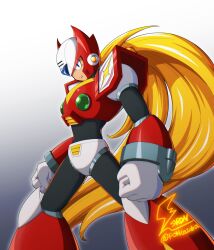 Rule 34 | 1boy, android, armor, blonde hair, blue eyes, chest jewel, clenched hands, closed mouth, cowboy shot, energy sword, fontatoba, forehead jewel, gradient background, helmet, highres, jewelry, long hair, looking at viewer, male focus, mega man (series), mega man x (series), ponytail, red armor, red helmet, robot, robot ears, shoulder armor, sidelocks, signature, standing, sword, sword on back, twitter username, very long hair, weapon, weapon on back, z saber, zero (mega man)