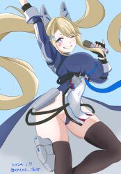2024 artist_name azur_lane belt belt_buckle blonde_hair breasts buckle character_name cmos dated english_text eyelashes fingerless_gloves gloves guam_(azur_lane) hair_ornament hair_over_one_eye hairpiece hairpin highres large_breasts long_hair looking_at_viewer microphone one_eye_closed skindentation star-shaped_pupils star_(symbol) symbol-shaped_pupils thighhighs twintails two-tone_background very_long_hair wink