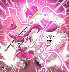 1girl angel_wings angry cat dress gloves hair_ribbon hammer hands_up highres long_glove long_hair ma_yerin open_mouth pen_(vmffptnlvos) pink_dress pink_hair pink_ribbon ribbon running the_warrior_returns thighhighs twintails v-shaped_eyebrows very_long_hair white_cat white_gloves white_ribbon white_sleeves white_thighhighs wings