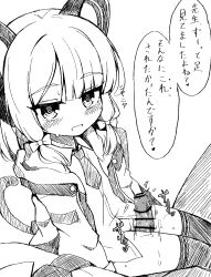 1boy 1girl animal_ear_headphones animal_ears bar_censor blue_archive blunt_bangs blush bottomless bow cat_ear_headphones cat_ears cat_tail censored cleft_of_venus clothed_sex collared_shirt commentary_request dress_shirt fake_animal_ears fake_tail greyscale hair_bow headphones hetero highres jacket legs_together loli long_sleeves looking_at_viewer low-tied_sidelocks medium_hair midori_(blue_archive) monochrome motion_lines necktie open_clothes open_jacket parted_bangs parted_lips penis pov pussy school_uniform shirt short_necktie sidelocks simauma sitting sitting_on_person solo_focus sound_effects speech_bubble split_mouth sweat tail tail_raised thigh_sex thighhighs translation_request wing_collar