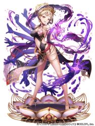 1girl bikuni_(mahou_tsukai_to_kuroneko_no_wiz) breasts brown_hair cleavage clothing_cutout copyright_name full_body glowing glowing_hand hand_up high_heels legs_apart lotus_pedestal mahou_tsukai_to_kuroneko_no_wiz navel official_art orange_eyes para_sitism pelvic_curtain revealing_clothes short_hair sideboob sideless_dress simple_background smirk solo standing stomach_cutout tachi-e tiara too_many_hands white_background