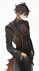 1boy black_coat black_gloves black_hair brown_eyes brown_hair closed_mouth coat commentary cowboy_shot genshin_impact gloves gradient_hair highres long_sleeves looking_to_the_side male_focus multicolored_hair sideways_glance simple_background solo standing udgg093577 white_background zhongli_(genshin_impact)
