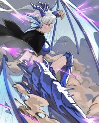 1girl absurdres alternate_form arm_up armor armored_boots bikini_armor black_capelet black_clover blue_armor boots breasts capelet commentary_request dragon_horns dragon_wings energy_arrow feet_out_of_frame fins floating_clothes floating_hair from_side grey_background grey_hair head_fins highres holding holding_polearm holding_weapon horns injury knowname lance large_breasts long_hair mixed-language_commentary noelle_silva parted_lips partial_commentary polearm purple_eyes smoke solo torn_wings twintails twitter_username weapon wings