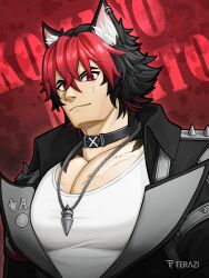 1boy animal_ears black_choker black_jacket choker dog_boy ear_piercing highres jacket jewelry komano_manato large_pectorals looking_at_viewer male_focus multicolored_hair multiple_scars muscular muscular_male necklace pectorals piercing red_eyes scar scar_across_eye scar_on_face shirt short_hair solo terazi white_shirt zenless_zone_zero
