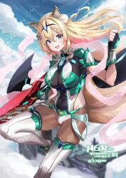 1girl animal_ears aqua_eyes armor ayamo_kaoru bird black_gloves blonde_hair blurry blurry_background breasts chest_jewel cleavage cloud colored_inner_hair commission cosplay fingerless_gloves flock flower fox_ears fox_girl fox_tail gem gloves green_gemstone hair_bun hair_flower hair_ornament headpiece highres indie_virtual_youtuber kitsune koromo_naruru large_breasts leotard multicolored_hair open_mouth pantyhose pink_hair pink_ribbon pneuma_(xenoblade) pneuma_(xenoblade)_(cosplay) ribbon shoulder_armor skeb_commission sky solo streaked_hair tail thighhighs thighhighs_over_pantyhose virtual_youtuber white_hair white_thighhighs xenoblade_chronicles_(series) xenoblade_chronicles_2