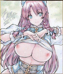 1girl absurdres bow braid breasts closed_mouth commentary_request dated green_bow green_eyes hair_bow highres hong_meiling huge_breasts lifting_own_clothes long_hair looking_at_viewer monety nipples red_hair shikishi signature smile solo touhou traditional_media twin_braids very_long_hair wrist_cuffs