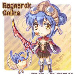 1girl bird blue_bird blue_hair boots breasts brown_boots brown_dress cape chibi chibi_only closed_mouth commentary_request copyright_name creator_(ragnarok_online) double_bun dress filir_(ragnarok_online) flower flower_in_mouth full_body fur-trimmed_boots fur_trim gloves goggles goggles_on_head hair_bun holding holding_sword holding_weapon looking_at_viewer lowres medium_breasts navel orange_flower plunging_neckline ragnarok_online red_cape shijou_satori short_dress short_hair smile solo strapless strapless_dress striped_background sword watermark weapon web_address white_gloves yellow_eyes