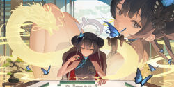 1girl absurdres black_dress black_hair blue_archive blue_butterfly bonsai breasts bug butterfly butterfly_hair_ornament china_dress chinese_clothes closed_mouth commentary_request double_bun dragon dress eastern_dragon grey_halo hair_bun hair_ornament halo highres indoors insect kisaki_(blue_archive) long_hair looking_at_viewer mahjong multiple_views on_chair sitting sleeveless sleeveless_dress small_breasts super_h2o twintails