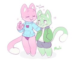 1boy 1girl :3 ^_^ animal_ears animal_hands animal_nose arm_around_back arm_up barefoot blue_sweater blush body_fur cat_boy cat_ears cat_girl cat_tail character_name closed_eyes english_text flat_chest flat_color freckles full_body furry furry_female furry_male green_fur green_jacket grey_shorts hand_up hands_in_pockets happy heart jacket kekitopu legs long_sleeves looking_at_another looking_to_the_side mochi_(kekitopu) nervous_smile no_pants open_clothes open_jacket open_mouth original panties pawpads pink_fur purple_panties raised_eyebrows short_shorts shorts simple_background smile standing suama_(kekitopu) sweater tail talking thick_eyebrows underwear waving whiskers white_background white_eyes