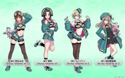 4girls adjusting_goggles anklet backpack bag belt beret black_bra black_dress black_ribbon black_socks black_thighhighs blonde_hair blue_eyes boko_(girls_und_panzer) boots bra braid brown_eyes brown_hair character_name closed_mouth coat commentary_request criss-cross_halter cropped_jacket crossed_knees darjeeling_(girls_und_panzer) dress garrison_cap girls_und_panzer girls_und_panzer_senshadou_daisakusen! goggles goggles_on_head green_background green_coat green_footwear green_hat green_jacket green_shorts green_skirt hair_ornament hair_ribbon hairclip halterneck hand_on_own_hip hat headphones heart heart_hair_ornament high_heel_boots high_heels highleg highleg_panties highres holding holding_stuffed_toy holding_tool hood hood_down hooded_jacket jacket jewelry leg_up light_brown_hair long_sleeves looking_at_viewer micro_shorts microskirt midriff multiple_girls navel nishizumi_miho off_shoulder official_alternate_costume official_art one_side_up open_clothes open_jacket panties parted_bangs partially_unzipped ribbon sawa_azusa shimada_arisu short_dress short_hair shorts skirt smile socks standing standing_on_one_leg star_(symbol) stuffed_animal stuffed_toy teddy_bear thighhighs tilted_headwear translated twin_braids underwear watermark white_belt wire_cutters yamashita_shun&#039;ya