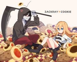1boy 1girl anger_vein ankle_boots bandaged_chest bandaged_hand bandaged_head bandages bare_legs black_footwear black_hair black_shirt black_shorts blonde_hair blue_eyes blurry blurry_foreground boots commentary_request cookie english_text food full_body grey_jacket holding holding_scythe hood hood_up hooded_jacket in_food isaac_foster jacket long_hair pants rachel_gardner red_pants satsuriku_no_tenshi scythe shirt short_hair shorts simple_background striped_clothes striped_shirt tooru_(jux) white_background white_jacket white_shirt