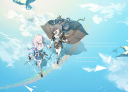 Rule 34 | 2girls, absurdres, ankle boots, archery shooting glove, black boots, black choker, black coat, black gloves, black overskirt, black skirt, blue boots, blue jacket, blue skirt, boots, bra strap, breasts, buttons, camera, chinese commentary, choker, closed eyes, closed mouth, coat, commentary request, english text, flower ornament, front slit, full body, gloves, gradient clothes, gradient jacket, grey hair, high heel boots, high heels, highres, holding hands, honkai: star rail, honkai (series), index finger raised, jacket, long hair, long sleeves, march 7th (honkai: star rail), march 7th (preservation) (honkai: star rail), medium breasts, medium hair, miniskirt, multicolored boots, multiple girls, off-shoulder jacket, off shoulder, open clothes, open coat, open mouth, overskirt, partially fingerless gloves, pink hair, pink jacket, pleated skirt, qingxinguayu., shirt, single glove, skirt, smile, stelle (honkai: star rail), thigh strap, tied jacket, trailblazer (honkai: star rail), two-tone boots, underbust, white shirt, yellow eyes