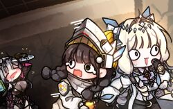 &lt;|&gt;_&lt;|&gt; 3girls absurdres bandaged_head bandages beanie black_dress black_gloves black_tiara blonde_hair blush braid breasts brown_hair bug chibi chibi_only chime_(nikke) cleavage clothing_cutout crown_(nikke) dress drill_hair drunk gloves goddess_of_victory:_nikke green_eyes grey_hair hair_spread_out hat helmet highres impossible_clothes impossible_jacket jacket large_breasts leamun leg_cutout long_hair long_sleeves modernia_(nikke) modernia_(second_affection)_(nikke) multiple_girls official_alternate_costume open_mouth pantyhose ribbon see-through_cleavage see-through_clothes sideless_dress smile spider tiara too_many_drills twin_braids very_long_hair yellow_gloves yellow_hat