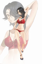 1girl arm_at_side arm_behind_head arm_up artist_name black_footwear black_hair bra cinder_fall clothes_pull collarbone eyebrows eyelashes female_focus full_body long_hair looking_at_viewer navel panties panty_pull parted_lips pulling_own_clothes red_bra red_panties rwby solo teeth underwear underwear_only yellow_eyes zoom_layer zuu_(zuuzu)