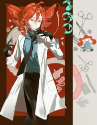Rule 34 | 1girl, absurdres, ahoge, alternate costume, black gloves, black necktie, black pants, blue shirt, brown background, closed mouth, coat, collared shirt, drill hair, dual persona, feet out of frame, flve, gloves, hair between eyes, hand up, highres, holding, holding scalpel, holding syringe, igaku (utau), kasane teto, mask lift, necktie, pants, pill, red background, red eyes, red hair, shirt, surgical scissors, syringe, twin drills, utau, white background, white coat