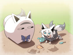 &lt;o&gt;_&lt;o&gt; 1girl :&lt; :3 :d absurdres ahoge all_fours animal_ear_fluff animal_ears black_shirt blue_eyes blush cocomayo29_(tomato) commentary_request fang food fox_ears fox_girl fox_tail highres hole hololive korean_commentary looking_at_another miteiru_(shirakami_fubuki) open_mouth pizza pizza_slice shirakami_fubuki shirt sideways_glance slippers smile solo tail tail_wagging trowel virtual_youtuber watering_can white_hair white_slippers