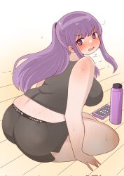 1girl alternate_costume alternate_universe back black_shirt blush boxer_briefs breasts cellphone crop_top embarrassed fern_(sousou_no_frieren) from_behind hair_tie highres large_breasts long_hair looking_back male_underwear on_floor open_mouth phone plump ponytail purple_eyes purple_hair shirt sidelocks sitting sleeveless sleeveless_shirt smartphone solo sousou_no_frieren sweat thermos thick_thighs thighs toyishiki_shizuoka underwear wavy_mouth white_background