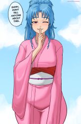 1girl artist_name blue_hair blue_sky botan_(yu_yu_hakusho) cloud english_text female_focus japanese_clothes kimono light_blush looking_at_viewer outdoors patreon_username ponytail sky solo speech_bubble superbusty yuu_yuu_hakusho