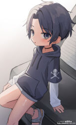 Rule 34 | 1boy, :o, absurdres, blue eyes, blue hair, blue hoodie, chinese commentary, commentary request, drawstring, highres, hood, hood down, hoodie, layered sleeves, long sleeves, looking at viewer, male focus, omurice (roza4957), open mouth, original, sandals, short hair, short over long sleeves, short sleeves, solo, watermark, web address