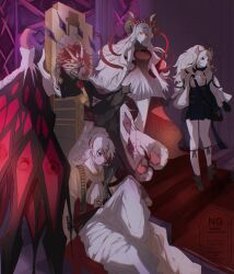 2boys 2girls albaz_(yu-gi-oh!) aluber_(yu-gi-oh!) aluber_the_jester_of_despia black_pants black_shirt black_skirt blazing_cartesia_the_virtuous blonde_hair dress duel_monster ecclesia_(yu-gi-oh!) fallen_of_albaz highres horns incredible_ecclesia_the_virtuous jacket long_hair mask multiple_boys multiple_girls official_alternate_costume pants ponytail red_dress red_eyes red_hair shirt short_hair sitting skirt throne uragawai white_hair white_pants white_shirt wings yu-gi-oh!