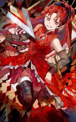1girl black_thighhighs chain detached_sleeves dress glint grin highres long_hair looking_at_viewer magical_girl mahou_shoujo_madoka_magica ponytail red_dress red_eyes red_hair sakura_kyoko smile solo soul_gem thighhighs wristband yadu_nadu