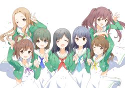 10s 6+girls black_hair blue_eyes bow brown_eyes brown_hair closed_eyes dress green_eyes hayashida_airi hisami_nanami holding_hands katayama_minami kikuma_kaya long_hair mole mole_under_eye multiple_girls nanase_yoshino okamoto_miyu open_mouth ponytail sailor_dress school_uniform shimada_mayu short_hair simple_background smile tiv twintails wake_up_girls! white_background