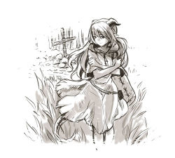 1girl cross dragon_girl dragon_tail dress female_focus grass grave horns looking_back lowres monochrome original pointy_ears solo tail torn_clothes wind wooni