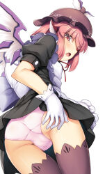 Rule 34 | 1girl, animal ears, ass, bird ears, bird wings, black dress, blush, brown hat, brown thighhighs, chima q, cowboy shot, dress, gloves, hat, highres, mystia lorelei, open mouth, panties, pink hair, pink panties, puffy short sleeves, puffy sleeves, red eyes, short hair, short sleeves, simple background, solo, thighhighs, touhou, underwear, white background, white gloves, white wings, winged hat, wings