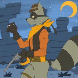 1boy animal_ears beebeerock black_fur black_gloves black_vest cigarette closed_mouth commentary crescent_moon english_commentary furry furry_male gloves grey_fur gun handgun highres holding holding_cigarette holding_gun holding_weapon looking_to_the_side male_focus masked moon multicolored_fur neckerchief night night_sky orange_shirt raccoon_boy raccoon_ears raccoon_tail revolver shirt sky sly_cooper_(series) smile star_(sky) starry_sky tail tennessee_kid_cooper vest weapon yellow_neckerchief