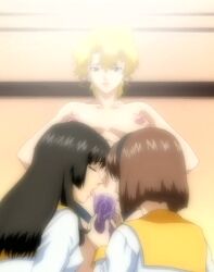 3girls age_difference ai_shimai ai_shimai:_futari_no_kajitsu anime_screenshot black_hair blonde_hair bloom blunt_bangs breasts brown_hair dildo fellatio hair_between_eyes hairband hands_on_own_hips kitazawa_rumi kitazawa_tomoko large_breasts light_rays long_hair looking_at_another mature_female multiple_girls older_woman_and_younger_girl oral ponytail room sagging_breasts saliva school_uniform sex_toy short_hair stitched strap-on third-party_edit wet yumi_(ai_shimai) yuri