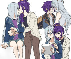 2girls absurdres asahina_mafuyu black_shirt blue_eyes blue_jacket blue_shorts brown_pants cardigan commentary dumd english_commentary epaulettes grey_hair highres hug jacket kiss long_hair multiple_girls pants parted_lips ponytail project_sekai purple_eyes purple_hair purple_shirt shirt short_hair shorts simple_background sitting sweatdrop tears white_background yellow_cardigan yoisaki_kanade yuri