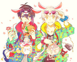 10s 2boys animal_ears bacon blue_eyes bowl burger camera candy card cherry_blossoms collarbone drink drinking_straw eating egg fake_animal_ears fake_phone_screenshot fake_screenshot flower food food_on_face glasses grin heart holding holding_food hood hood_down hoodie hot_dog jacket jar lettuce looking_at_another male_focus mikazuki_munechika multiple_boys pale_skin petals phone phone_with_ears pocket simon_shades smile sparkling_eyes star-shaped_eyewear star_(symbol) strap sweater teeth time totnan touken_ranbu tsurumaru_kuninaga white_background white_hair yellow_eyes