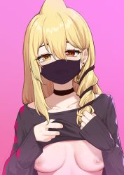 1girl black_sweater blonde_hair breasts commentary_request earrings facing_viewer hair_between_eyes half-closed_eyes heterochromia highres hpapo indie_virtual_youtuber jewelry kaofish lifting_own_clothes light_blush looking_at_viewer mask medium_breasts mouth_mask neckerchief nipples no_bra pink_background red_eyes simple_background sleeves_past_wrists stud_earrings sweater yellow_eyes