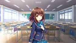 1girl :d backpack bag blazer blue_jacket brown_eyes brown_hair chalkboard classroom cyberagent day desk dress_shirt girlfriend_(kari) indoors jacket kneehighs long_hair looking_at_viewer looking_back official_art open_mouth plaid_clothes plaid_skirt qp:flapper school school_desk school_uniform shiina_kokomi shirt skirt smile socks solo standing sunlight sweater window
