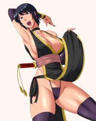 1girl :d alternate_color alternate_costume arm_behind_head arm_guards arm_up armpits black_eyes black_hair black_panties black_thighhighs breasts bridal_gauntlets choker cleavage clothes_lift cosplay covered_erect_nipples cowboy_shot dead_or_alive earrings elbow_gloves fatal_frame fatal_frame_3 female_focus fingernails g-string gauntlets gloves groin happy highleg highleg_panties hip_bones japanese_clothes jewelry kasumi kasumi_(cosplay) kasumi_(doa) kasumi_(doa)_(cosplay) kimono kimono_lift kurosawa_rei large_breasts lipstick long_fingernails looking_at_viewer makeup ml mole mole_under_eye nail_polish ninja no_bra open_mouth panties parted_bangs pelvic_curtain sash sheath sheathed shiny_skin short_hair side_slit sideboob simple_background smile solo standing string_panties sword tassel tecmo thick_thighs thighhighs thighs thong underwear weapon weapon_on_back white_background wide_hips