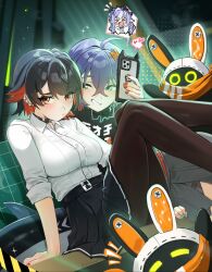 3girls bangboo_(zenless_zone_zero) belle_(zenless_zone_zero) black_choker black_hair black_pantyhose black_shirt black_skirt blue_hair blush breasts choker colored_inner_hair commentary earrings ellen_joe ellen_joe_(on_campus) eous_(zenless_zone_zero) fins fish_tail green_eyes hair_ornament highres jewelry large_breasts letter_hair_ornament looking_at_another looking_at_viewer medium_hair mole mole_under_eye multicolored_hair multiple_girls orange_eyes pantyhose pleated_skirt red_nails shark_girl shark_tail shirt skirt smirk tail waligner white_shirt zenless_zone_zero