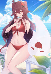 1girl absurdres ahoge bare_shoulders beach bikini blue_sky boo_tao_(genshin_impact) breasts brown_hair cleavage cloud cowboy_shot crossed_bangs flower flower-shaped_pupils food food_in_mouth front-tie_bikini_top front-tie_top genshin_impact ghost hair_between_eyes hair_flower hair_ornament highres horizon hu_tao_(genshin_impact) light_rays long_hair looking_at_viewer medium_breasts navel off_shoulder on_railing outdoors palm_leaf pisuke_(user_kcmh2774) plant popsicle popsicle_in_mouth railing red_bikini red_eyes sitting sky smile swimsuit symbol-shaped_pupils twintails