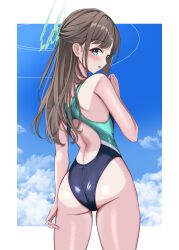 1girl airi_(blue_archive) alternate_costume alternate_hairstyle ass back bare_arms bare_shoulders blue_archive blue_one-piece_swimsuit blush bow brown_hair from_behind green_bow green_eyes hair_bow hibika long_hair looking_at_viewer one-piece_swimsuit open_mouth sidelocks solo swimsuit