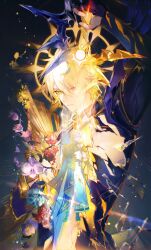 Rule 34 | 2boys, alternate form, antenna hair, armor, black shirt, blonde hair, blue cape, broken glass, cape, coat, commentary request, cracked skin, dual persona, flower, glass, hair between eyes, halo, halo behind head, highres, holding, holding sword, holding weapon, honkai: star rail, honkai (series), male focus, material growth, multiple boys, pauldrons, phainon (honkai: star rail), sanmen, shirt, short hair, shoulder armor, single pauldron, sword, torn clothes, torn shirt, weapon, white coat, white hair, yellow blood, yellow eyes