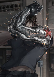 1boy absurdres black_gloves black_shirt brown_eyes brown_hair bucky_barnes commentary english_commentary fingerless_gloves gloves highres looking_to_the_side male_focus marvel marvel_cinematic_universe mechanical_arms midriff_peek navel one_eye_covered shirt shorelightss short_hair short_sleeves single_mechanical_arm solo thunderbolts_(movie) upper_body winter_soldier