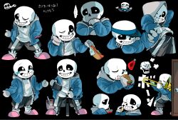 Rule 34 | 2boys, black background, black sclera, black shorts, blue jacket, colored sclera, grin, highres, holding, holding instrument, holding trombone, hood, hoodie, hot dog, instrument, jacket, male focus, multiple boys, multiple views, one eye closed, papyrus (undertale), sans (undertale), shorts, skeleton, smile, tama (tamafuku08), teeth, telescope, trombone, undertale, white eyes