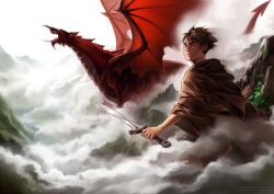 1boy brown_hair cloud dragon mountain sword wales weapon
