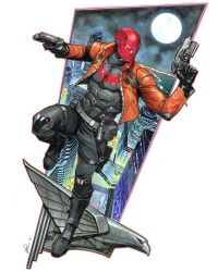 1boy batman_(series) belt body_armor boots brown_jacket dc_comics dual_wielding gloves gun handgun harness helmet highres holding holding_gun holding_weapon holster jacket jason_todd jorge_molina knee_pads leather leather_jacket male_focus red_hood_(dc) thigh_holster thigh_strap traditional_media weapon