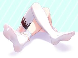 1girl cgator commentary english_commentary feet foot_focus frilled_thighhighs frills highres indie_virtual_youtuber mint_fantome single_thighhigh socks solo thighhighs virtual_youtuber white_socks
