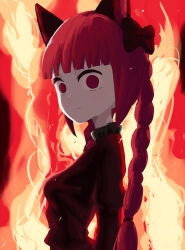 1girl absurdres animal_ears black_bow bow cat_ears closed_mouth commentary fire from_side hair_bow highres kaenbyou_rin long_sleeves looking_at_viewer red_eyes red_hair solo touhou upper_body uzou_(uzooooooooo)