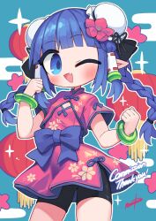 Rule 34 | 1girl, bike shorts, black shorts, blue eyes, blue hair, braid, breasts, bun cover, china dress, chinese clothes, cleavage cutout, clothing cutout, dress, fang, flower, hair flower, hair ornament, highres, long hair, nanatsuta, one eye closed, open mouth, original, pink dress, pointy ears, short shorts, short sleeves, shorts, skin fang, small breasts, smile, solo, twin braids