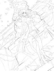 1girl absurdres bare_shoulders breasts changli_(wuthering_waves) dress finger_to_mouth full_body gloves greyscale hair_between_eyes high_heels highres holding lineart long_hair looking_at_viewer medium_breasts monochrome sketch solo standing strapless strapless_dress thighhighs weapon wuthering_waves zi00